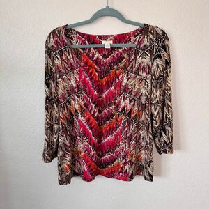 Chico's Geometric Ikat Top Size 1 US Medium M 3/4 Sleeve Pink Brown Resort Boho